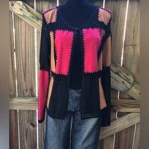T &W Designs Colorblock Patchwork Faux Suede & Black Crochet Cardigan Size L